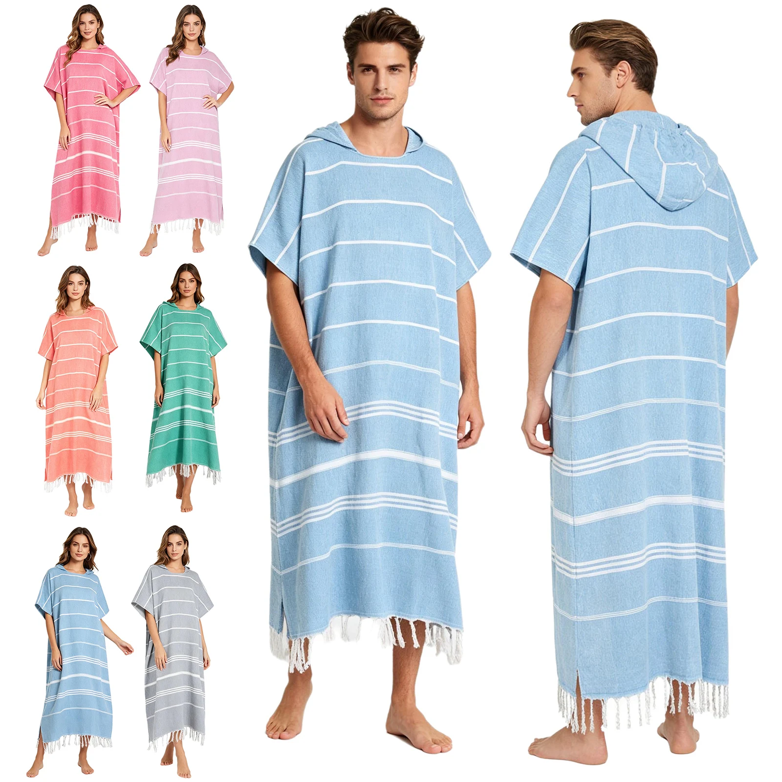 Adults Turkish Striped Hooded Pocket Towel Changing Robe Cape with Braided String Hem for Travel Vacation Swimming Beach Surfing