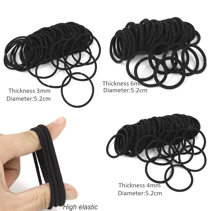 50pcs Women Girls Hair Rubber Bands Hair Tie Ropes Black Elastic Hairband Ponytail Holder Headbands Scrunchies 3mm/4mm/6mm