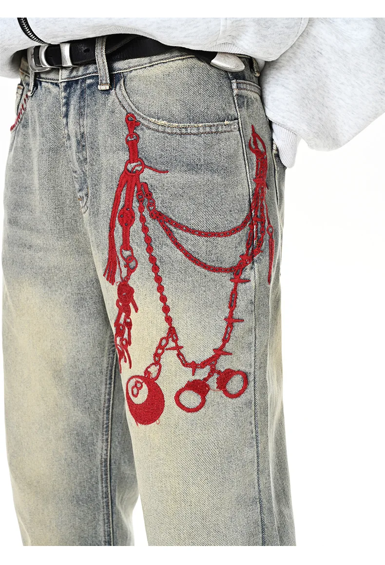 MADE EXTREME Washed Old Embroidered Trouser Chain Loose Jeans for Men and Women