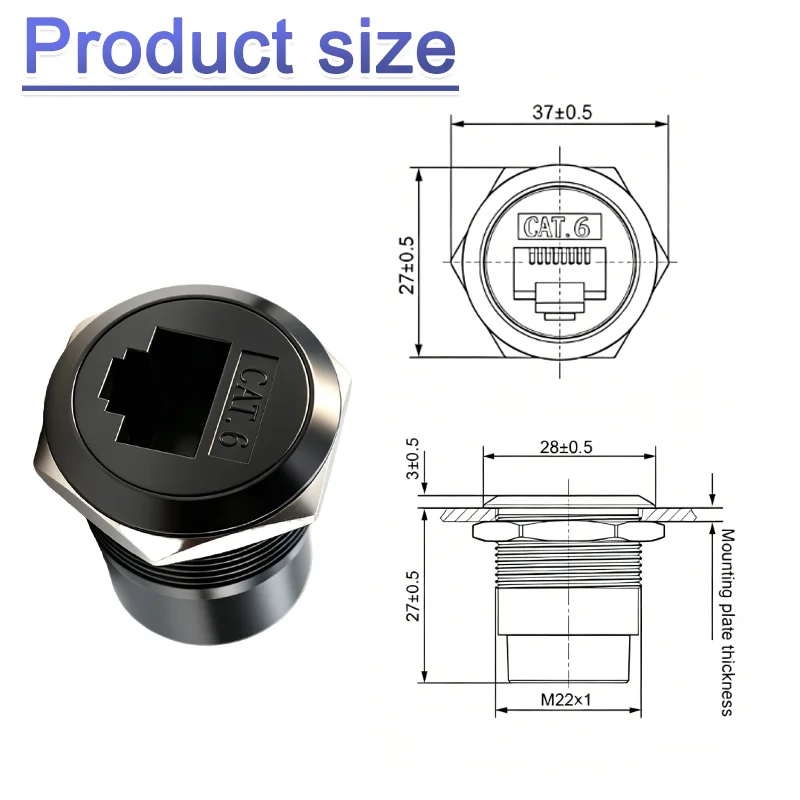 RJ45 CAT6 Metal Round Socket Module D Type RJ45 Straight Through Network Connector Panel Mounting 12V 1.5A
