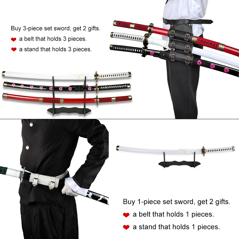 3-delige set Roronoa Zoro zwaarden 104 cm handgemaakte Katana Japanse anime cosplay zwaard Shusui Enma Kitetsu gratis zwaard houder en riem