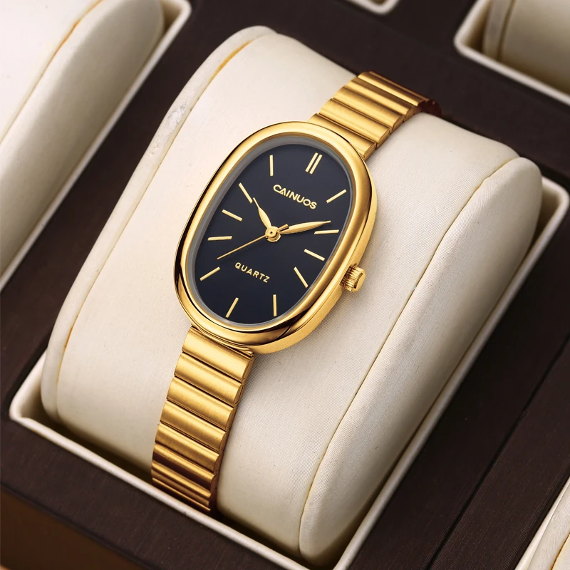 

Женские кварцевые часы с овальным маленьким циферблатом из нержавеющей стали, повседневные модные часы для девочек, студенческие рождественские праздничные подарки для женщин