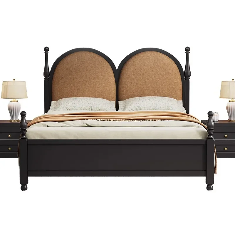 

French retro bed, black solid wood bed, modern minimalism, double bed medium and ancient bed