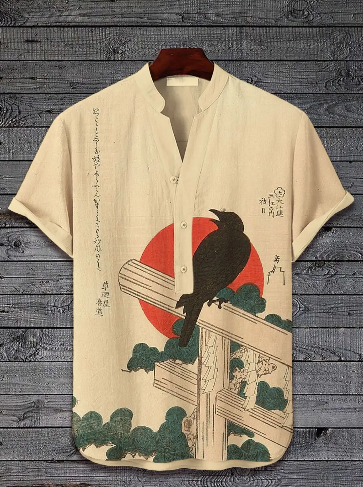 

2024 new Japanese style crow pattern art print men's short sleeved button up shirt fashionable and casual, suitable for street w