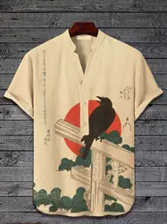 2024 new Japanese style crow pattern art print men's short sleeved button up shirt fashionable and casual, suitable for street w