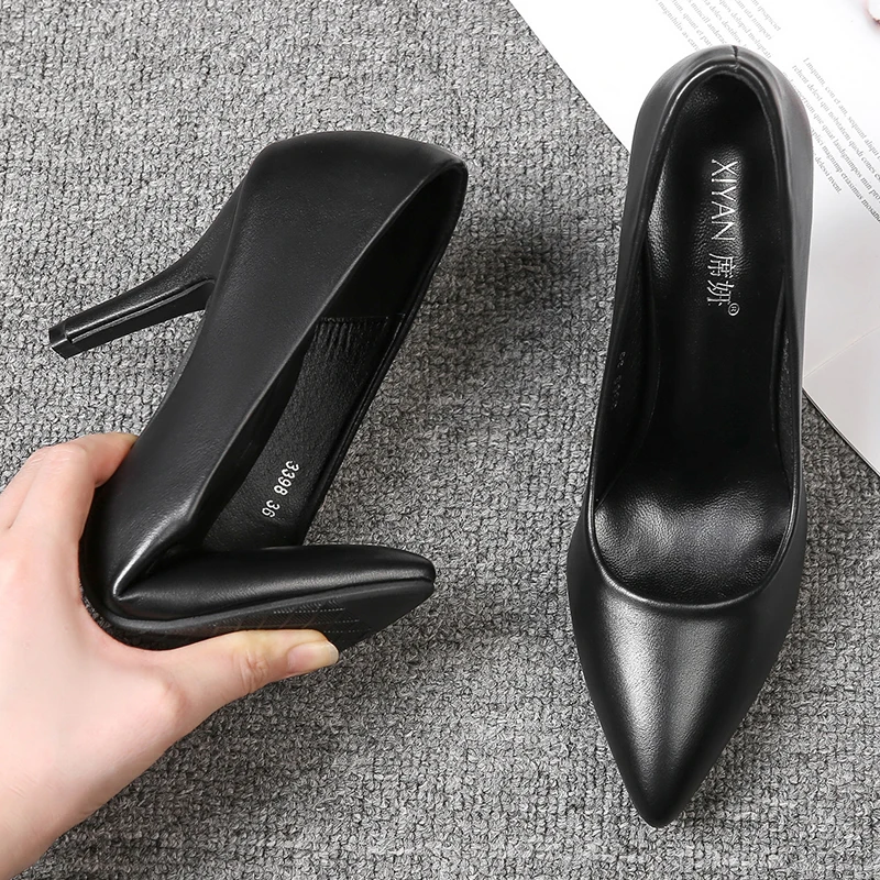 Genuine Leather Pointed Toe Thin Heeled Professional Black Work High Heels Women 5cm Etiquette Guest look Interview Shoes