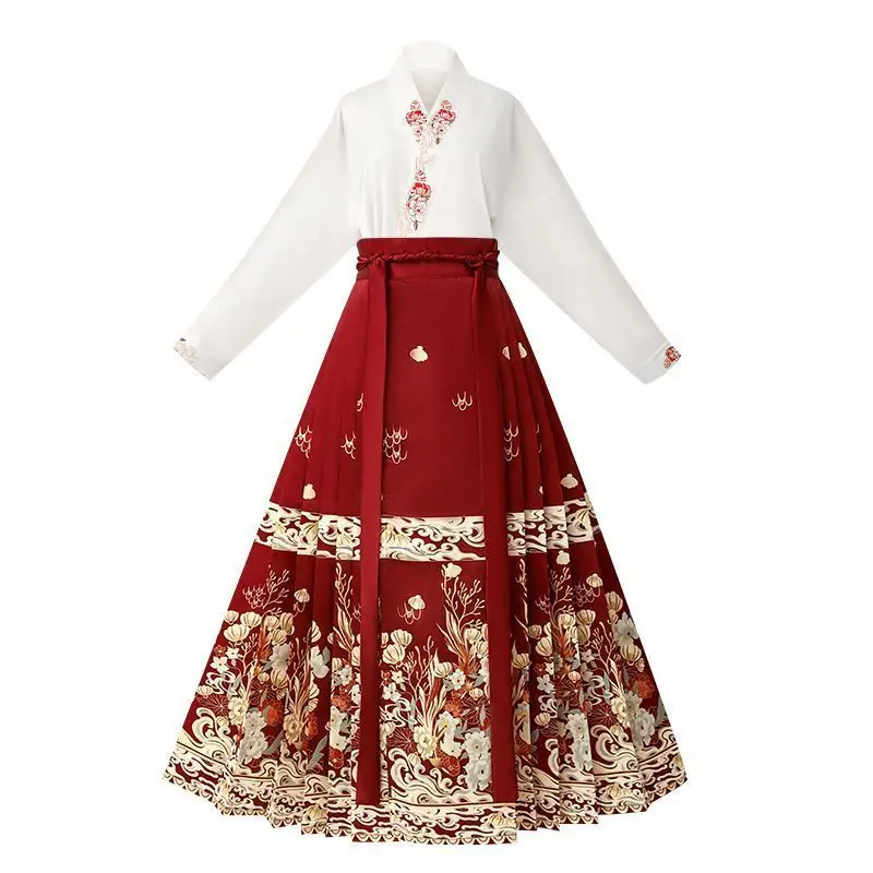 

New Chinese Horse Face Skirt Two-piece Women's 2025 New Hanfu Female Tops Fashion Loose Print Birthday Party Banquet Dance Dress