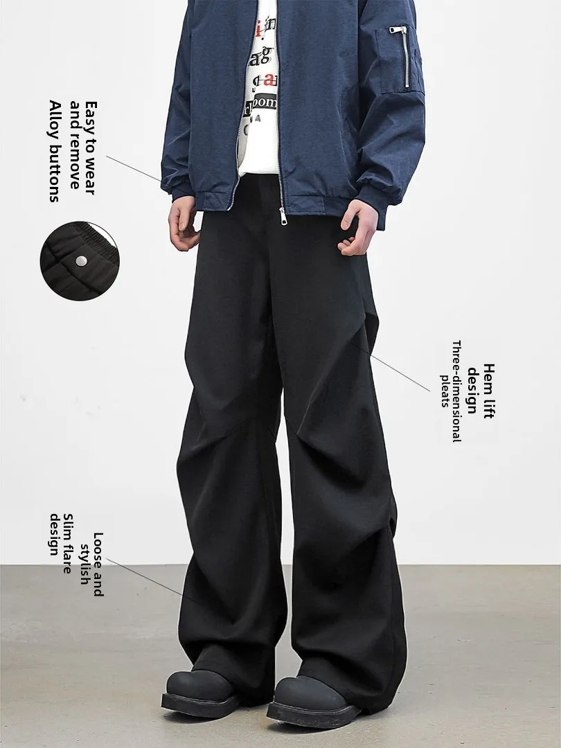 

American Sle Men's Loose Wide Leg Pants Autumn Faion Bla Parisian God Pants Casual Trousers with Pleats Polyester Fiber