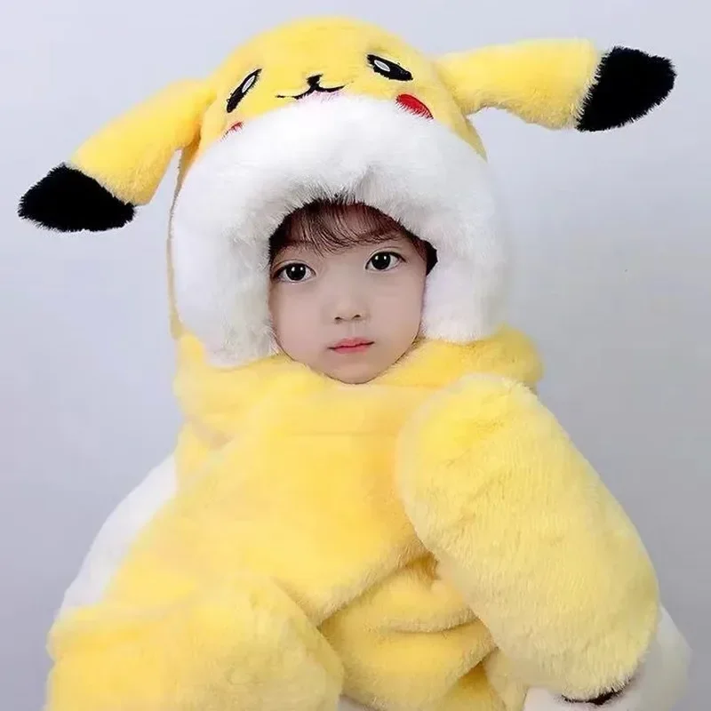 Kawaii Pokemon Pikachu pluszowa czapka Anime Cosplay kapelusze ciepłe szalik śliczne ruchome uszy rękawiczki szaliki czapki w jednym prezenty