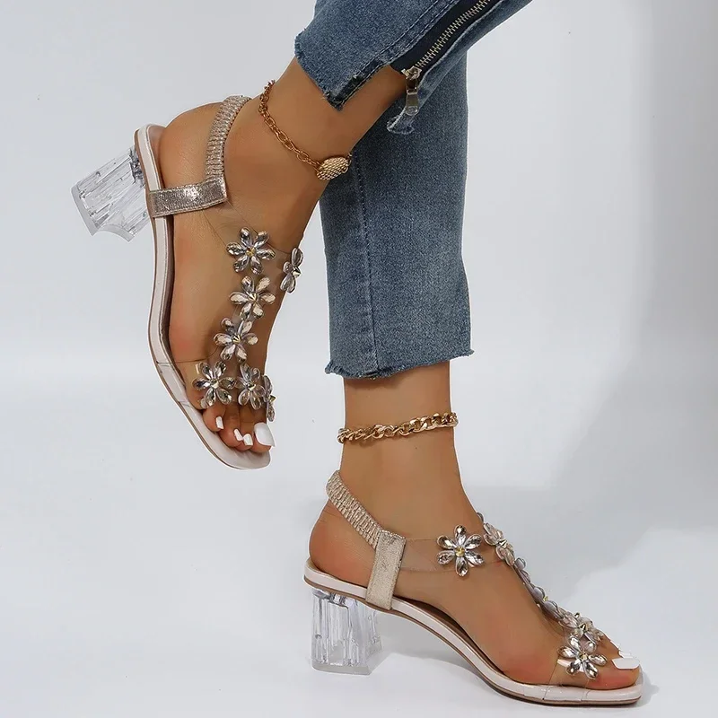 Letnie sandały damskie Pvc Crystal dekoracja kwiatowa Chunky Heel Peep Toe pasek z tyłu gumka eleganckie modne buty damskie