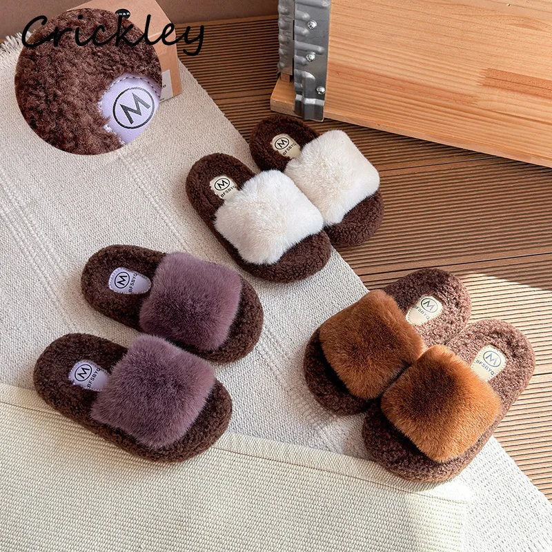 

Детские тапочки из однотонного искусственного меха, осенне-зимние теплые плюшевые модные туфли для девочек, пушистые нескользящие детские шлепанцы