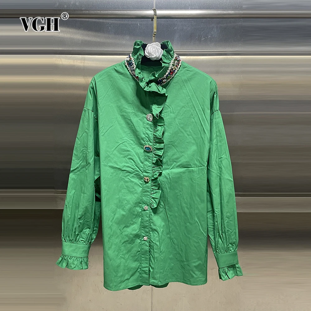 

VGH Solid Patchwork Diamonds Casual Shirts For Women Stand Collar Long Sleeve Spliced Single Breasted Blouses Female Fashion New