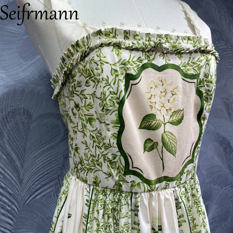 Seifrmann ファッションデザイン レディース ロングドレス セクシー スパゲッティストラップ バックレス 花柄 Aライン ビッグスイング コットンドレス