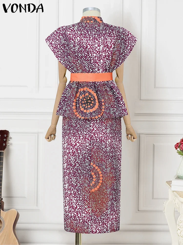 حجم كبير 5XL فوندا البوهيمي طباعة أطقم فساتين المرأة الصيف سستة قصيرة الأكمام خمر مربوط قمصان التنانير الطويلة 2 قطعة وتتسابق #5