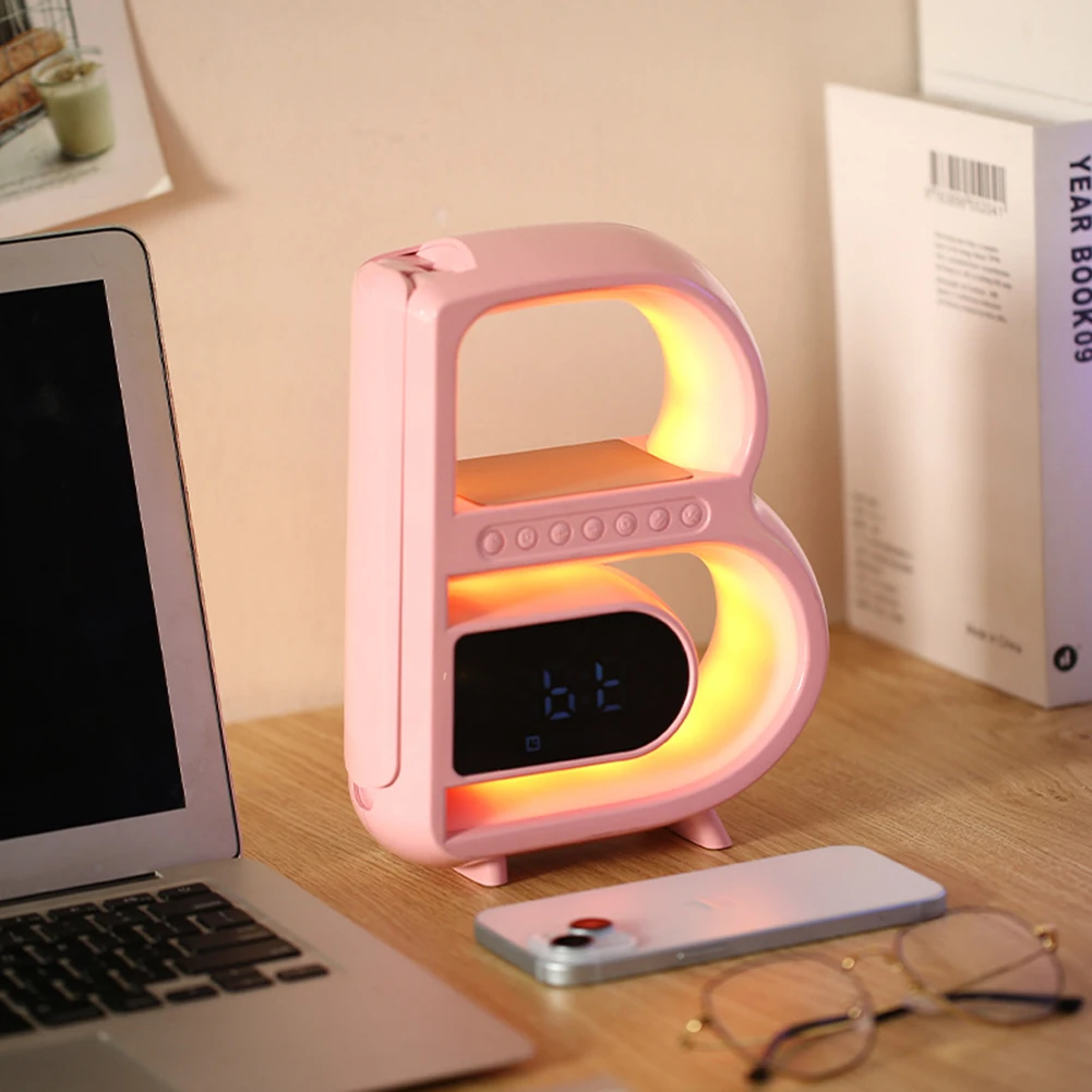 Big B Shaped Foldable Desk Lamp, Despertador, Carregador sem fio para sala de casa, Cool Speaker personalizado