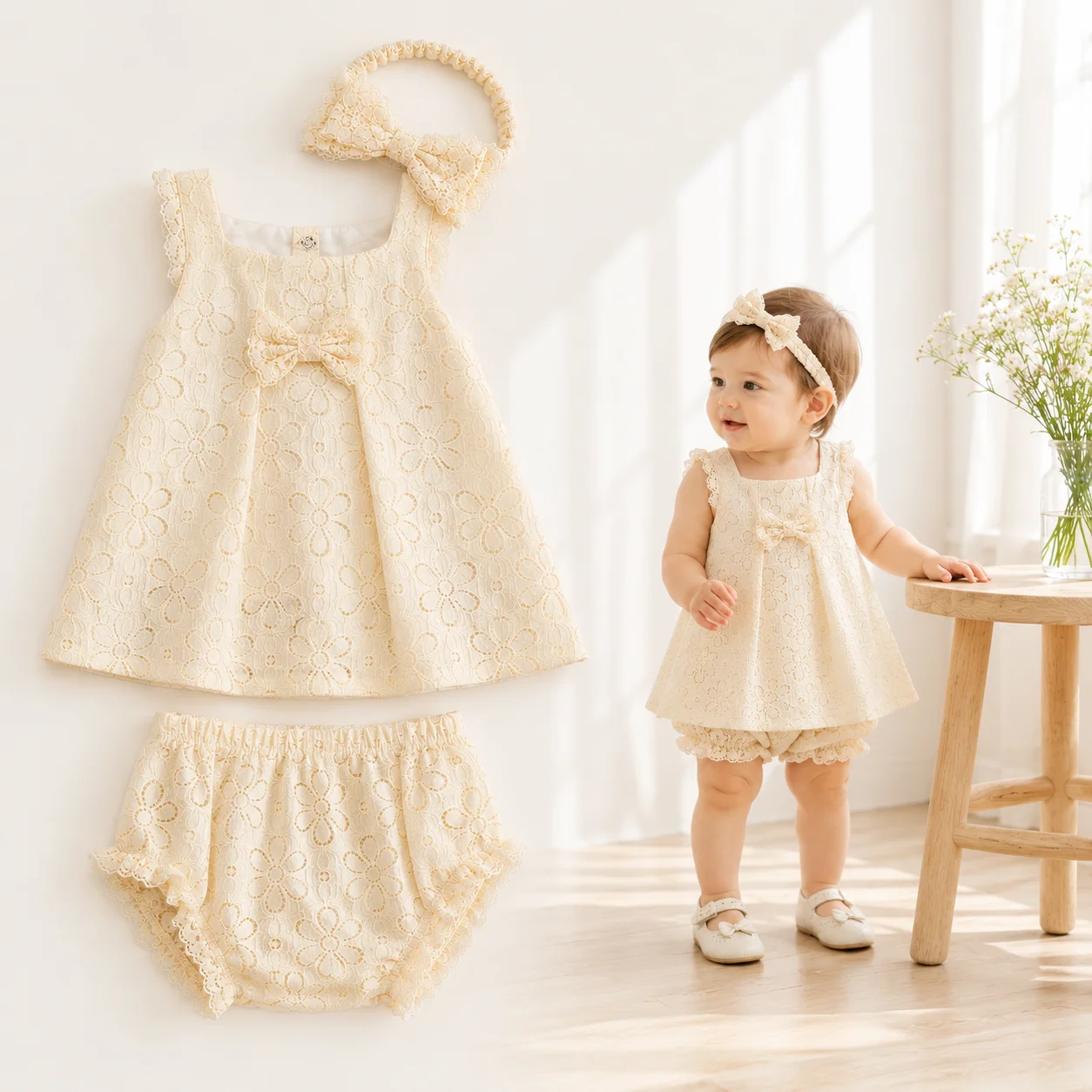 Baby Girl Clothes 3Pcs Lace Dress Bloomers Headband Floral Ruffle Sleeveless Summer Outfit Birthday Party Newborn Infant Set