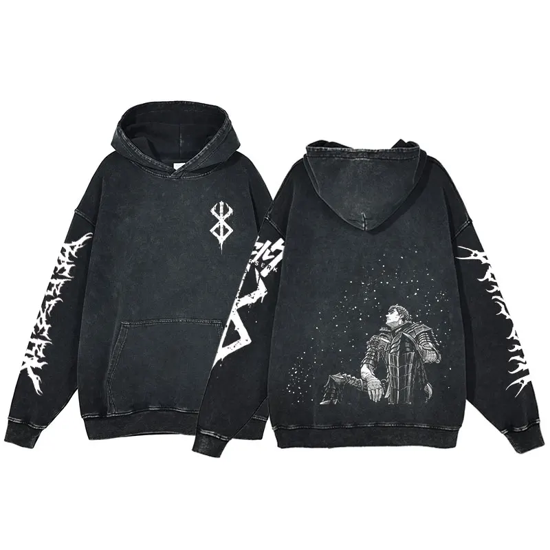 Berserk Anime Acid Washed Hoodie Men's Clothing Vintage Cotton Hoodies Women Hip Hop Hooded Sweatshirts Y2K Clothes Oversized