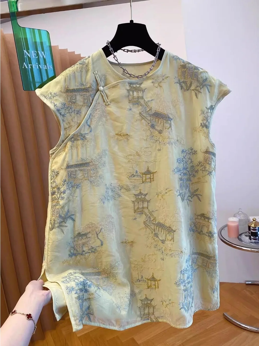 

New Chinese Sle Floral Print irtl Top Women's Summer High End Personali Improved Cotton Linen Loose Fit Bl...