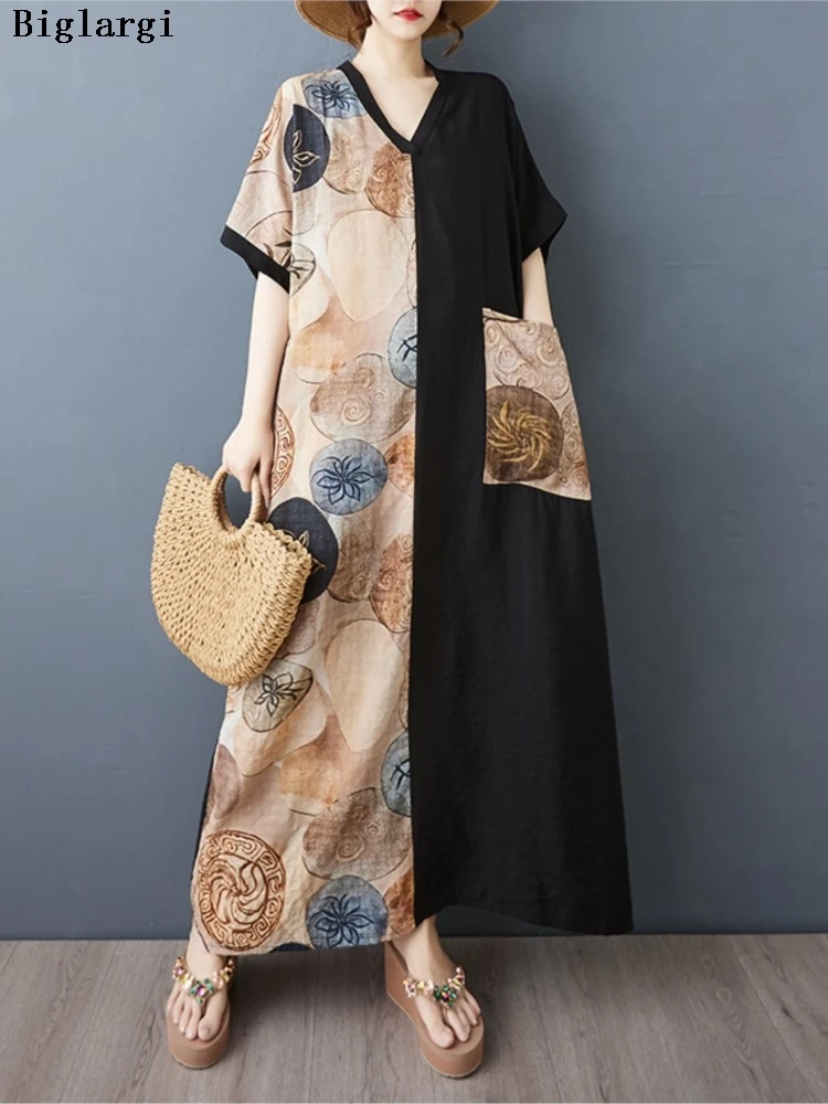 

Oversized Summer Long Dress Women Print Patchwork Fashion Ladies V-Neck Dresses Casual Loose A-Line Ruffle Woman Dress