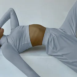 Sports Suit Wide Leg Pants Sets Solid Color Women Summer Long Sleeve Tshirts Tops Leisure Pajamas Casual Trousers