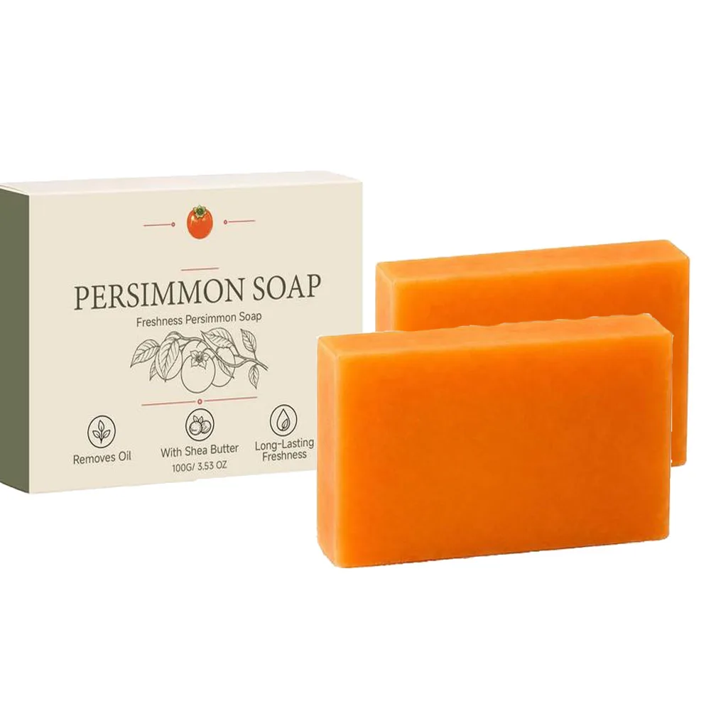 1/2PCS Persimmon Cleansing Soap Bar With Foaming Net Body Care Face Wash Exfoliating Whitening Soap Fruit Handmade Shower Soap