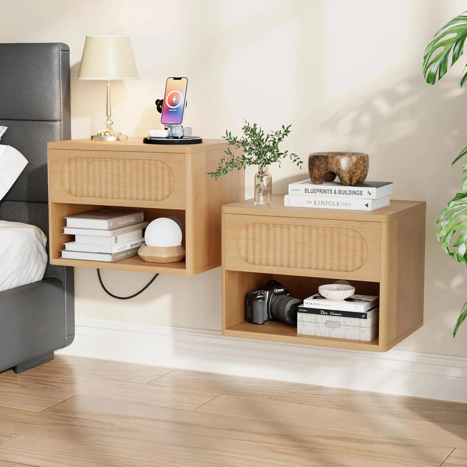 Wooden Fluted Floating Nightstand Set of 2, Wall Mounted w/Drawer & Shelf, Waterproof & Scratch-Resistant, Metal Glide