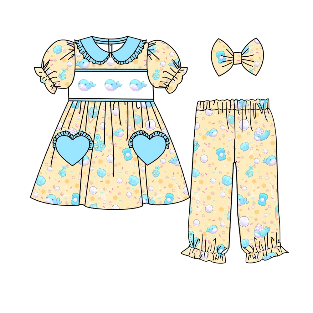 New high-quality children's suit cartoon fish print short-sleeved trousers girls and boys pajama suit 2-piece set