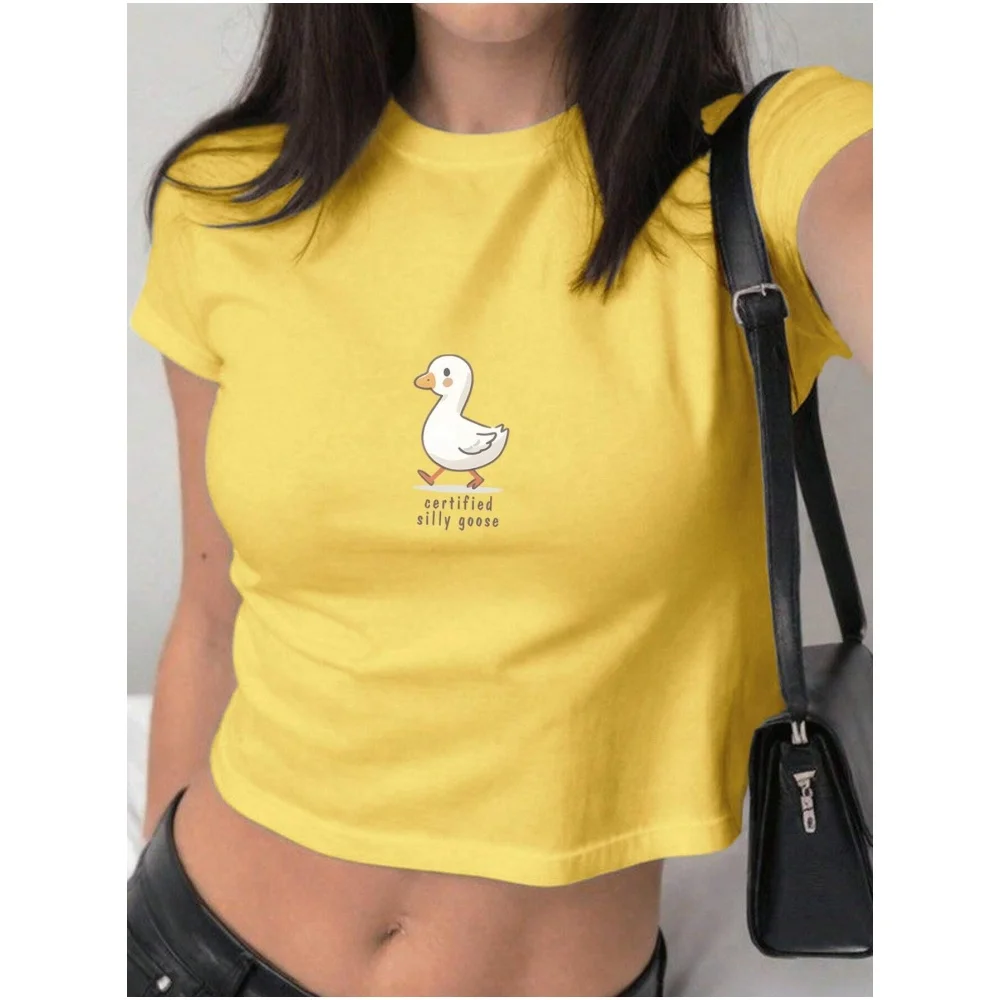 

Deck Print Sexy Women's T-Shirt Summer Fashion Y2k Girl Clothing Imitation Cotton Tops Slim Round Neck Pure Colour Short Sleeves