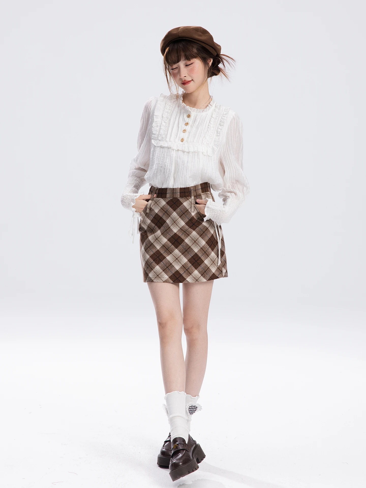 

Sweet Fi L Salt Plaid Woolen Skirt Women's Autumn Winter High Waist A-Line Skirt Casual Sle School orm Sle