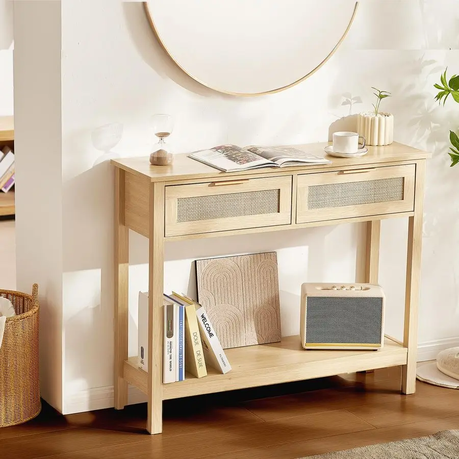 

Rattan Console Table with 2 Storage Drawers, Rattan Entryway Table with Natural Rattan Sliding Door, Console Sofa Table for Liv