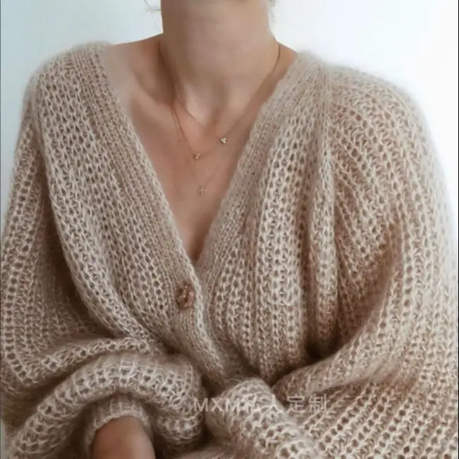 Feminine~Women's Casual Loose Fitting Mohair Sweater Outerwear Long Sleeve Sweater Hand Woven Top