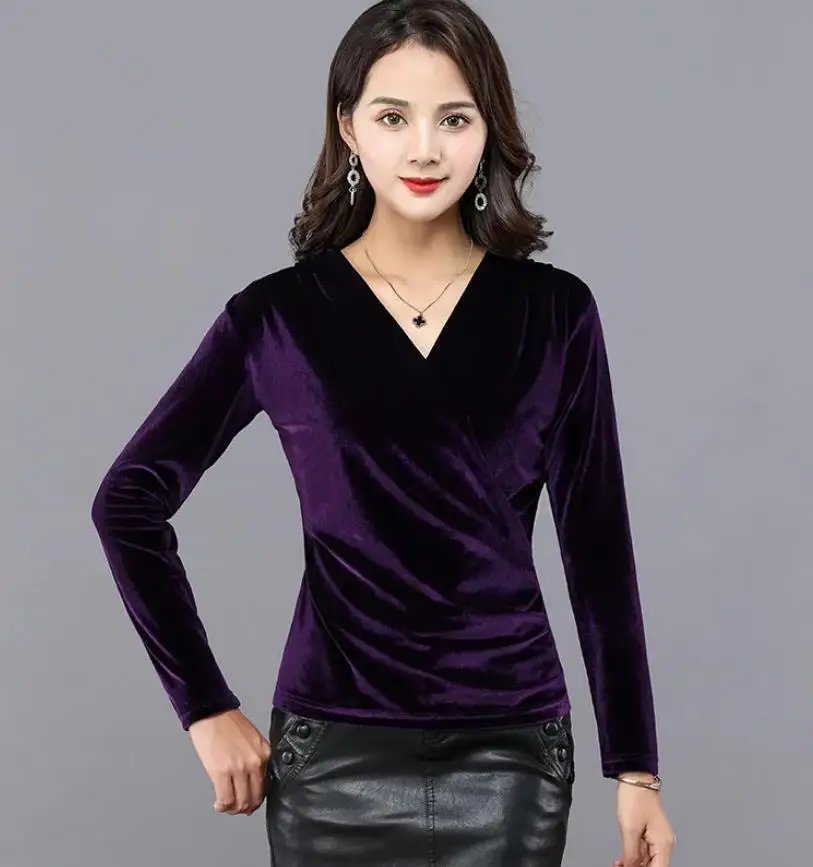 Blusa de oficina sexy de manga larga con cuello en V para mujer, estilo coreano, top morado de terciopelo, primavera-otoño, nueva, tallas grandes