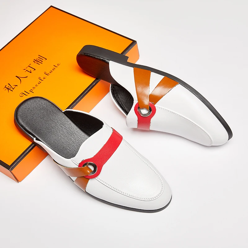 Luxury Trend Mixed Color Leather Half Slippers Shoes for Men Designer Outerwear Mules Casual Slides Slippers Sandals Mocassins