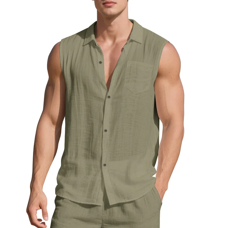 

European and American Fashion Lapel Linen Shirt Men's Summer, Thin Loose and Simple Casual Sleeveless T-shirt Vest Mens Shirts