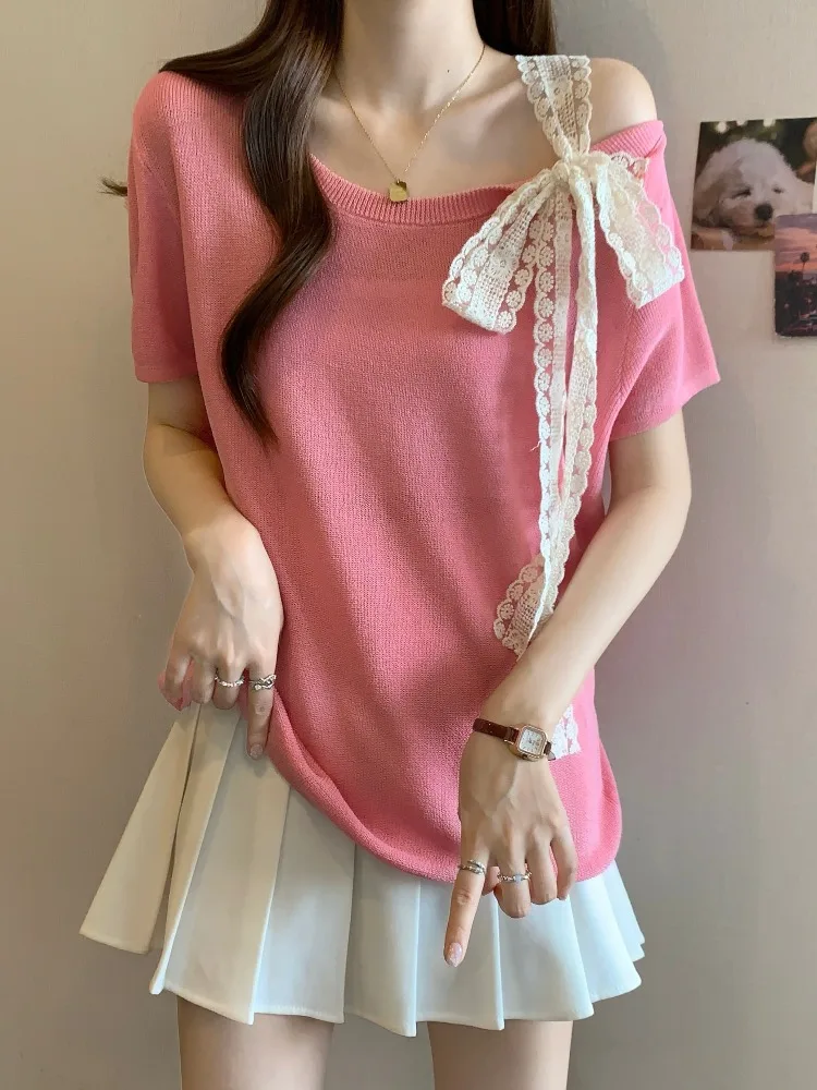 

Design sense lace lace up strap off shoulder short sleeved T-shirt women summer covering the belly unique beautiful top
