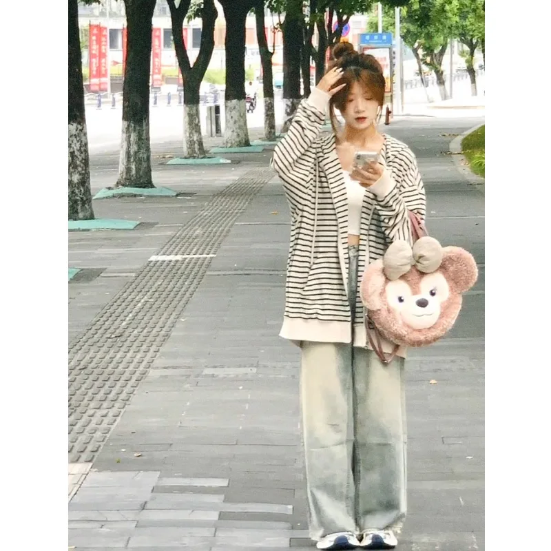 Amerykański sweter z kapturem w paski, luźny, damski, lekki, długi, oversize, kardigan na wiosnę i jesień, modny, do pracy, styl koreański...