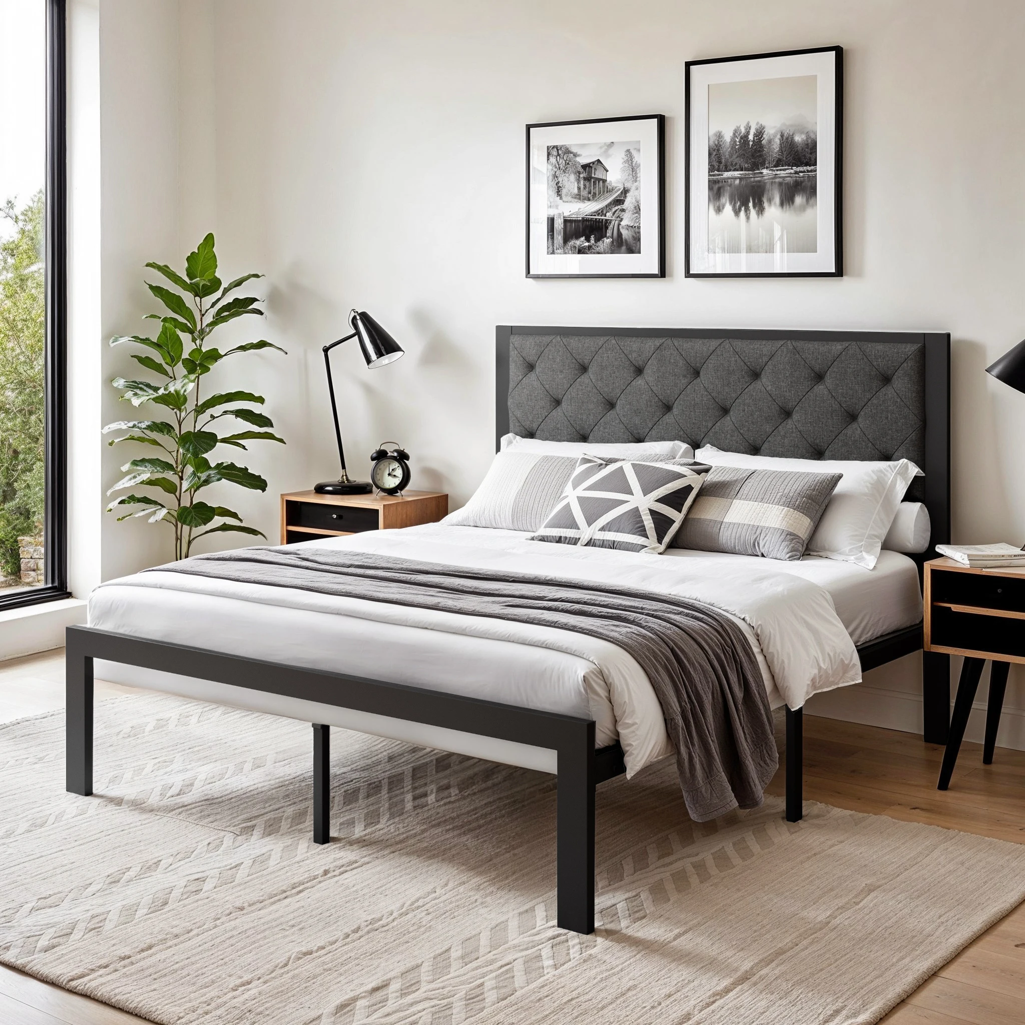 HOOMIC Metal Bed Frame with Upholstered Finely Stitched Headboard, Linen Fabric, Sturdy Foundation, No Box Spring Needed