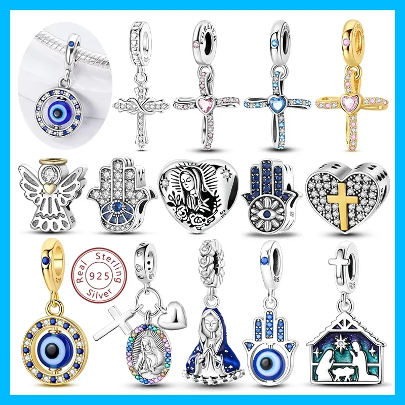 Abalorios Religiosos de Plata 925 con Circonitas, Cruz, Ángel, Palma, Ojo Turco, Colgantes para Pulseras DIY, Joyería de Moda