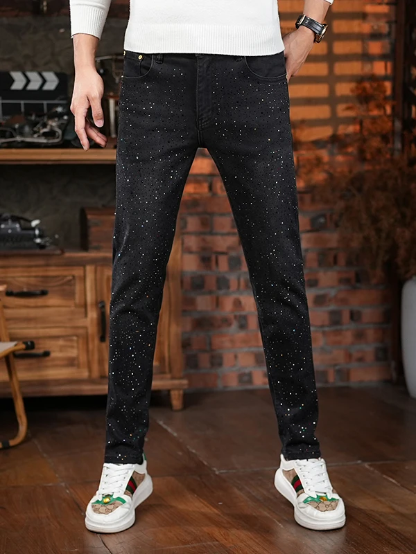 

Мужские зимние джинсы Slim Fit с плотным стразовым декором, из хлопкового стрейч-денима, со средней посадкой, на молнии, комфортные, для повседневной носки