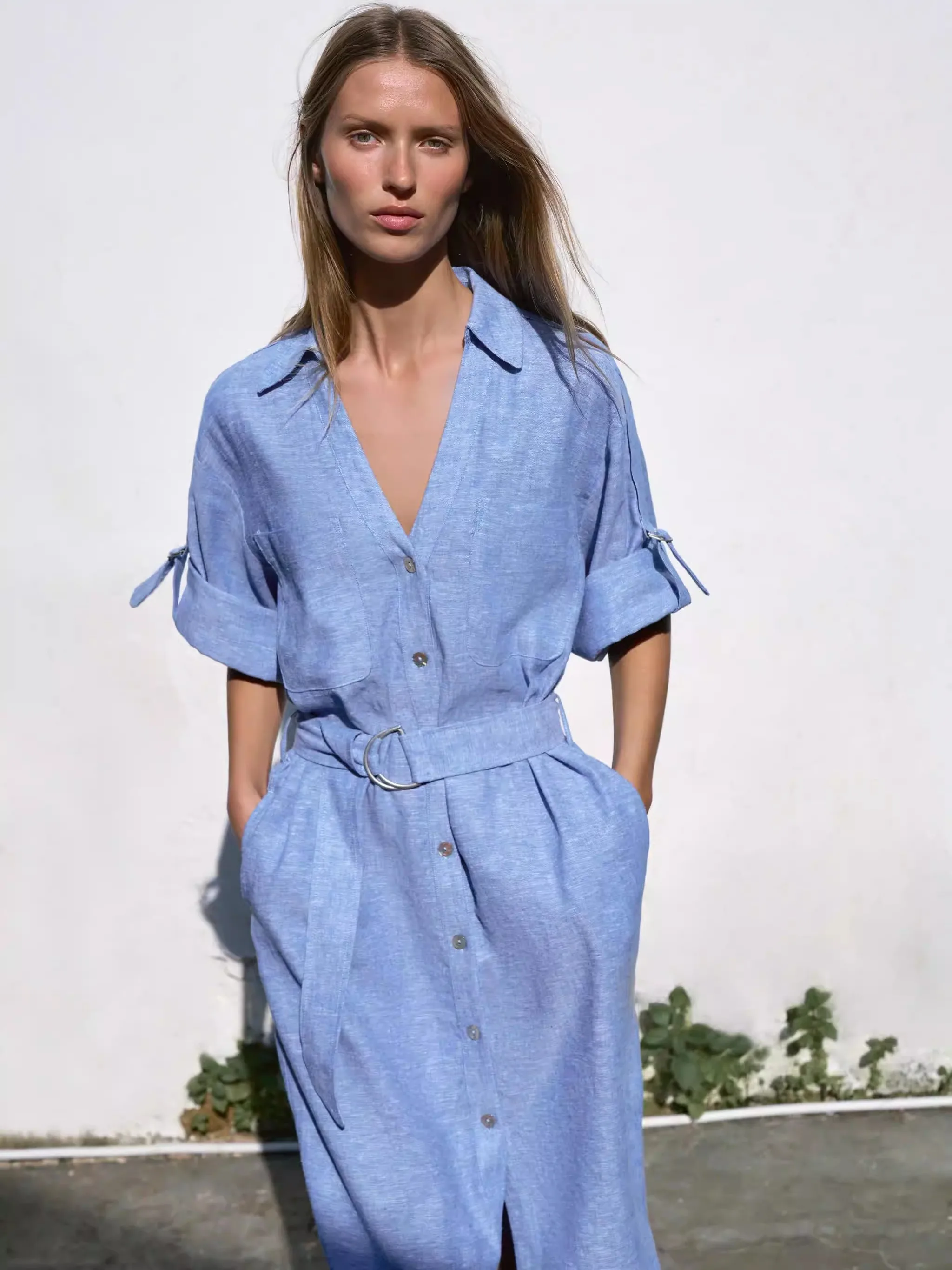 

Spring New Arrival Women's Midi Dress ZA2026 Waist-Cinching Long Sleeve Turn-down Collar with Belt Ethnic Stage Costume