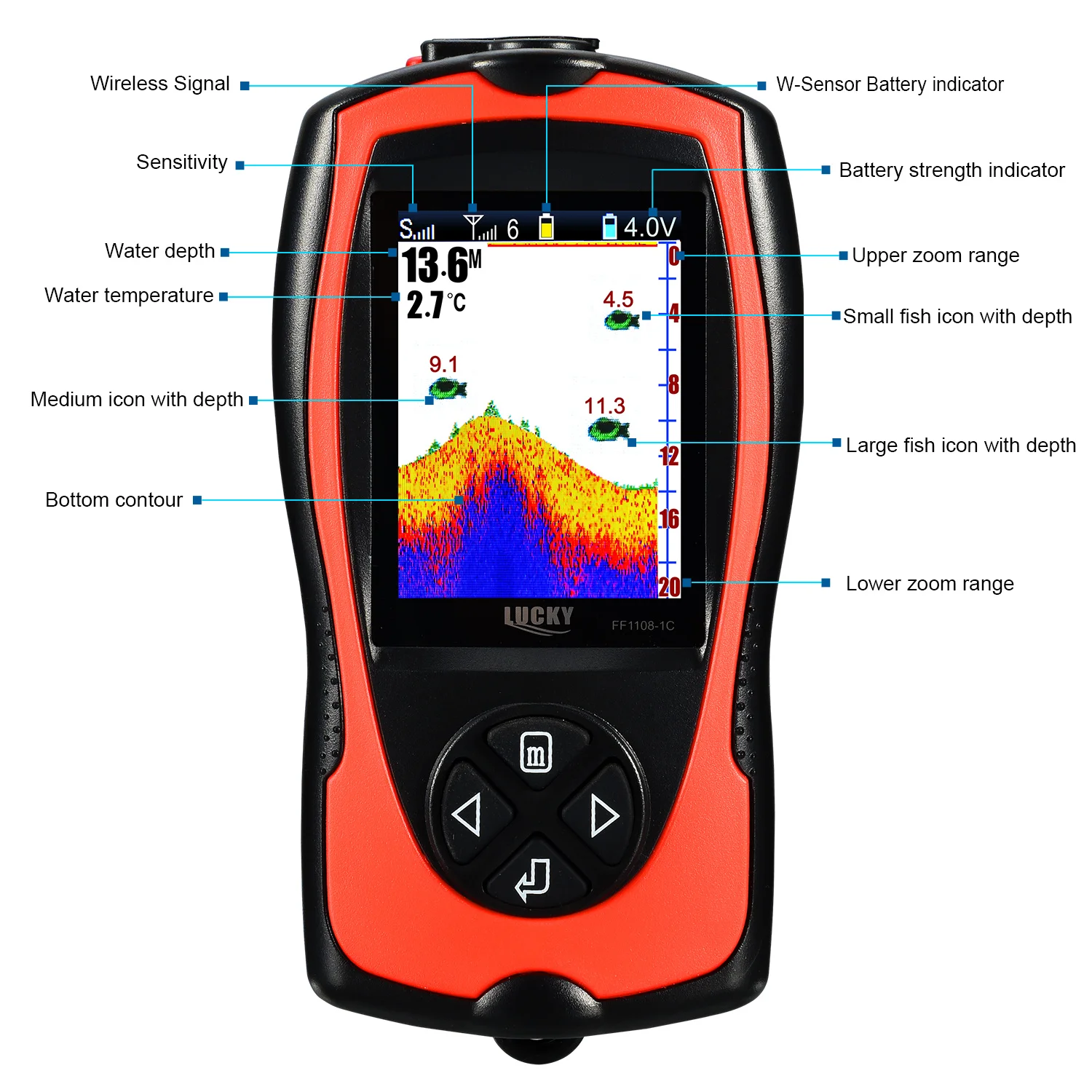 Szczęściarza Sonar do połowu ryb FF1108-1CWLA czujnik bezprzewodowy do wielokrotnego ładowania o głębokości 45M echosonda przenośna wyszukiwarka ryb