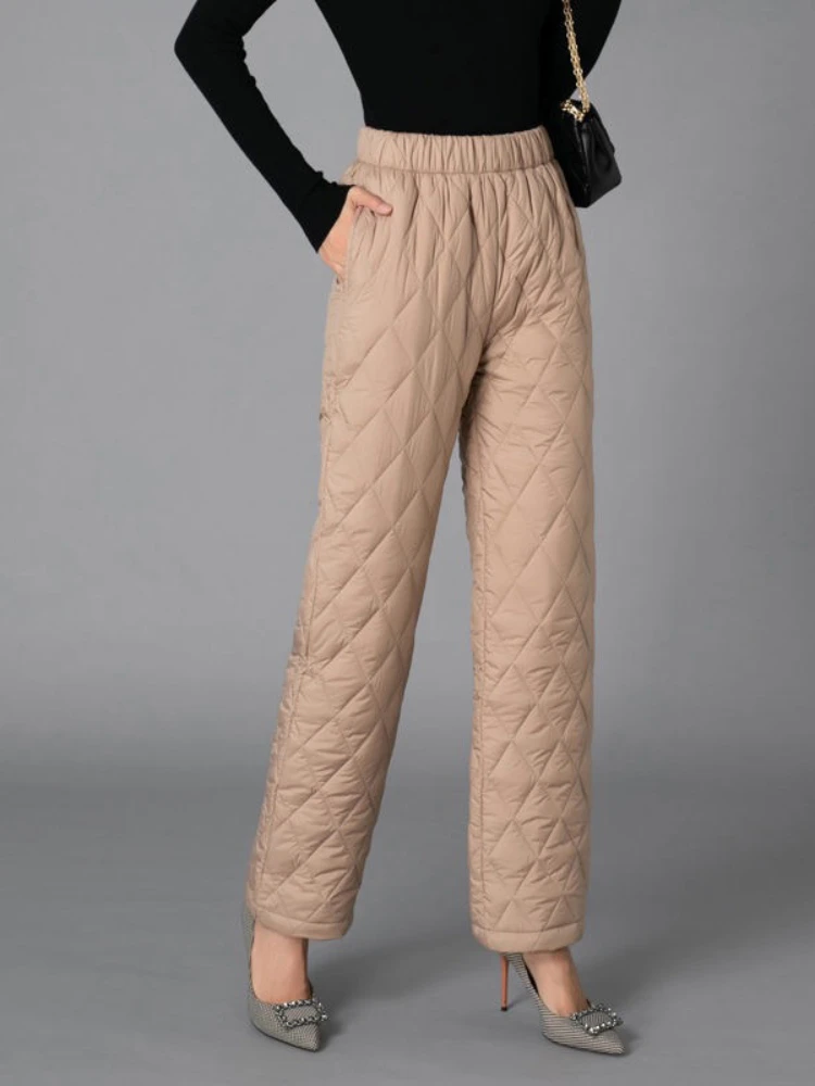 Women Fashion Winter Warm Down Cotton Pants Padded Quilted Thicken Trousers Elastic Waist Lightweight Casual Pants