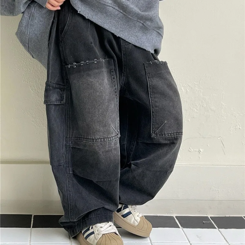 Boys Pants 2026 Autumn Korean Style Large Pockets Slightly Childrens Clothes Denim Long Pants