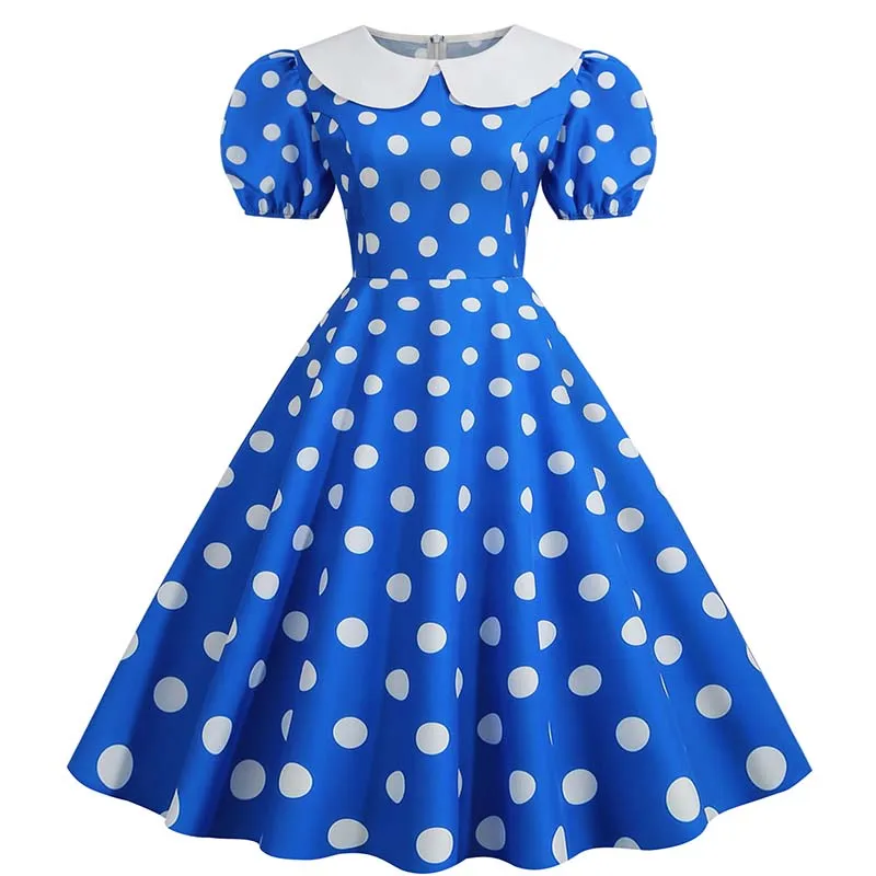 Elegant Women Summer Dress Puff Short Sleeve Polka Dot Peter pan Collar Vintage A-line Midi Long Party Sundress