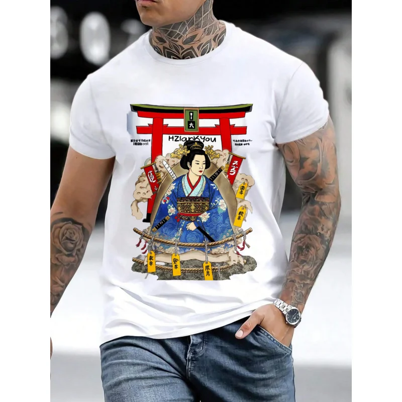 

Мужская футболка белая японская гейша с принтом храм HZlanKYou, хлопок высокого качества, 180 г