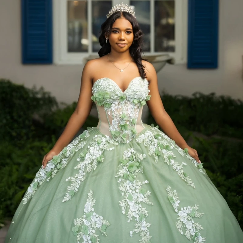 

Green Shiny Quinceanera Dresses Off The Shoulder Applique Flower Bow Tull Corset Party Birthday Sweet 16 Dress Vestidos 15 Anos
