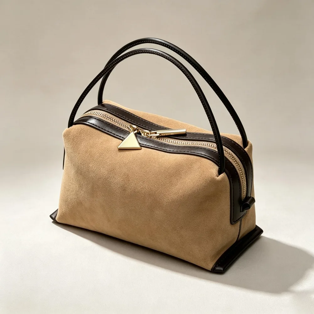 Women Mini Faux Suede Boston Handbag Retro Small Cylinder Cosmetic Bag Double Thin Top Handle Zipper Decor Shoulder Handbag