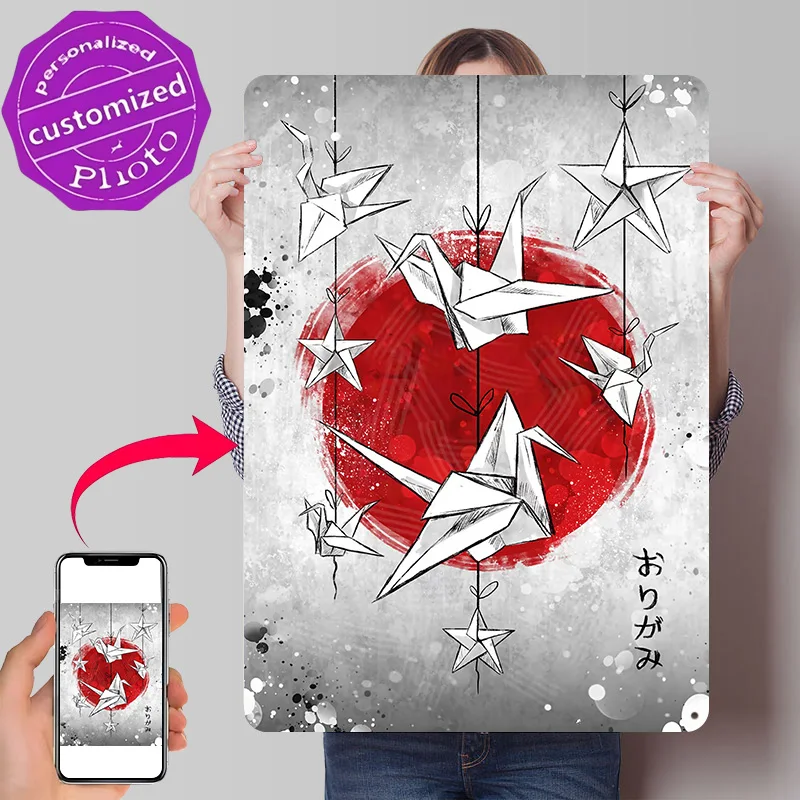 Origami Cranes and Stars Illustration Metal Poster Perfect Gift for Fans Lovers Personalized Wall Art Metal Sign for Wand Deko
