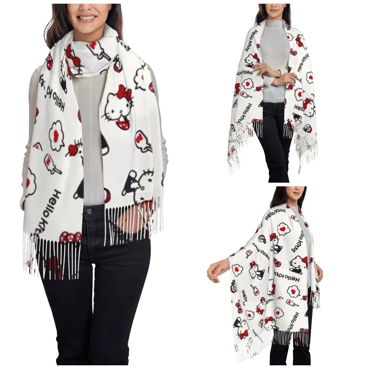 Women's Scarf with Tassel Hello Kitty Say Love Long Winter Fall Shawl Wrap Cartoon Cute Gifts Cashmere Scarf