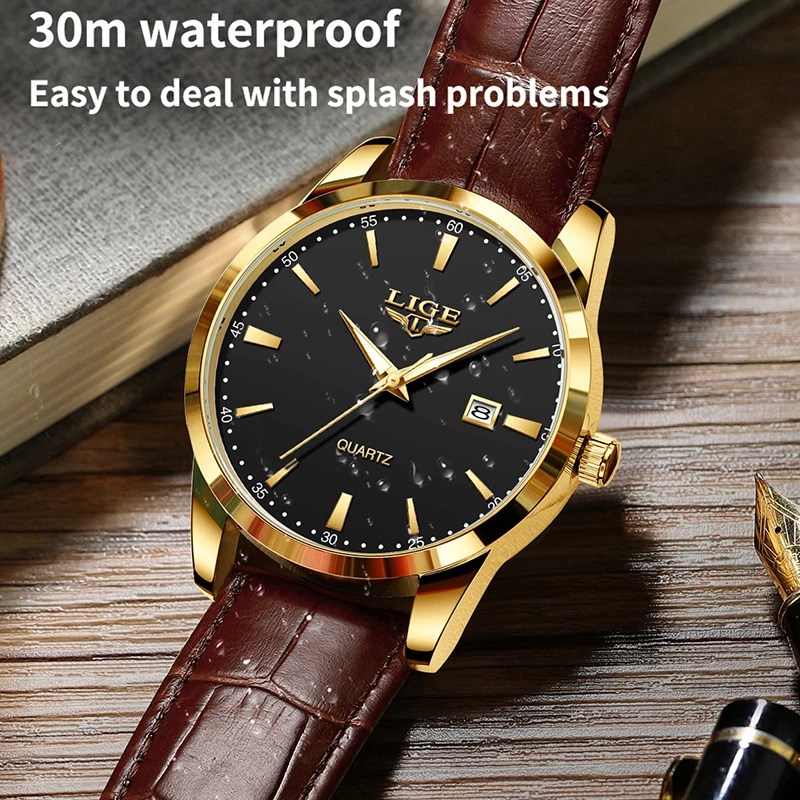 LIGE Mens Watches Top Brand Luxury Military Quartz Watch for Men Fashion Leather Waterproof Sports Chronograph Montre Homme+BOX